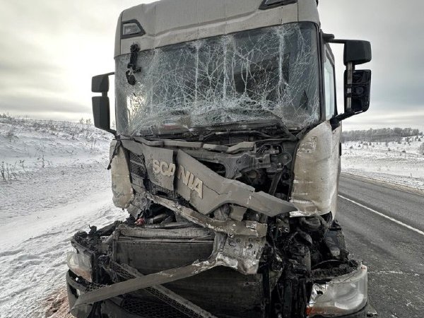 Два большегруза столкнулись на трассе в Оренбуржье: пострадал водитель