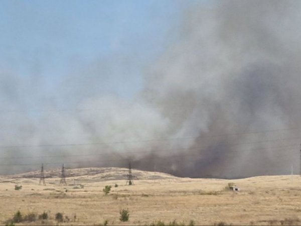 Сухая трава горит недалеко от трассы Оренбург — Орск